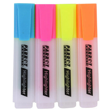 Highlighter Markers Pouch 4, Set of Four Fluorescent Pink, Yellow, Blue, and Orange Highlighters with Black and Pink Branding.