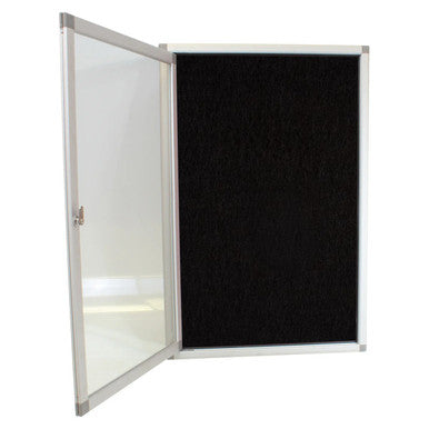 Hinged Pinning Display Case, 900 x 600 mm - Black, with Clear Glass Door and Black Pinning Board for Showcasing or Organising Items.