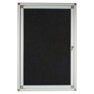 Hinged Pinning Display Case (900 x 600 mm - Black), Sleek Black Display Case with Hinged Door and Silver Frame for Showcasing Items.