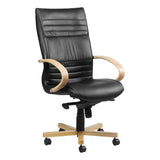 Holly Wooden Knee-tilt High-back Office Chair by Office Stock South Africa, Featuring a Black Leather Seat and Backrest, Wooden Arms and Base, in a Personalised Office Chair Design, Offering Ergonomic Comfort and Durability.