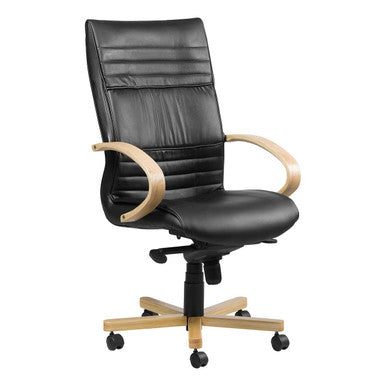 Holly Wooden Knee-tilt High-back Office Chair by Office Stock South Africa, Featuring a Black Leather Seat and Backrest, Wooden Arms and Base, in a Personalised Office Chair Design, Offering Ergonomic Comfort and Durability.