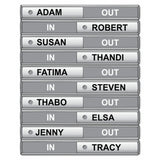 Product in / Out Slide, 400 x 50 mm, 10 Boxed, Retail, BD4110 with Labeled Sections for Multiple Individuals' Entry and Exit Names.