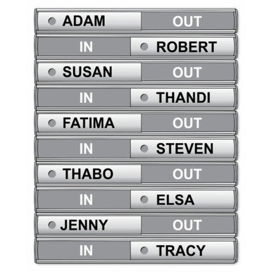 Product in / Out Slide, 400 x 50 mm, 10 Boxed, Retail, BD4110 with Labeled Sections for Multiple Individuals' Entry and Exit Names.
