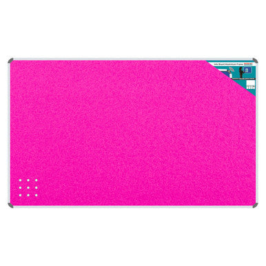 Product Info Board, Aluminium Frame - 1500 x 1200 mm - Pink, with a Vibrant Pink Notice Board Featuring Aluminium Framing and a Small Label in the Top Right Corner.