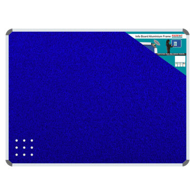 Product Info Board, Aluminium Frame - 600 x 450 mm - Royal Blue, Displaying a Vibrant Blue Surface with Corner Protectors and a Label Indicating the Product Details.