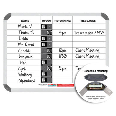In/Out Board Magnetic 10 People, a 600 x 450 mm Whiteboard with Magnetic Name Tags, in/Out Status Indicators, and Message Sections for Employee Attendance Tracking.