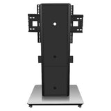 Interactive Touch Panel Stand White Large IW7103, a Mobile Black and White Touchscreen Display Stand on Wheels with Adjustable Mounting Brackets.