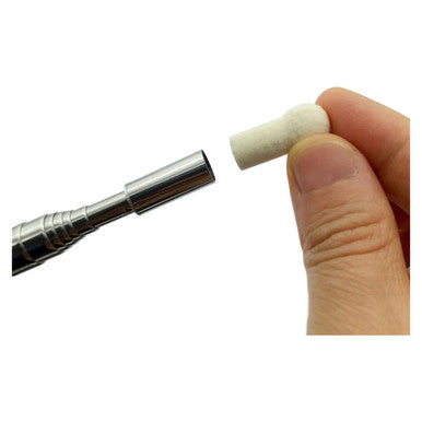 Interactive Whiteboard Stylus Extendable IW1052, Close-Up of a Hand Holding a White Foam Tip for the Stylus with a Metallic Extendable Stylus in the Background.