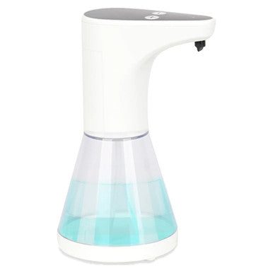 Janitorial Auto Desktop Gel/Soap Dispenser 500ml, White and Transparent Soap Dispenser with a Digital Control Panel on Top.