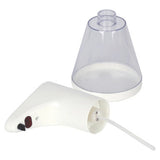 Janitorial Auto Desktop Gel/Soap Dispenser 500ml JA0502DG, Clear Plastic Automatic Soap Dispenser with a White Base, Touchless Operation, and a Frosted Cone-Shaped Soap Reservoir.