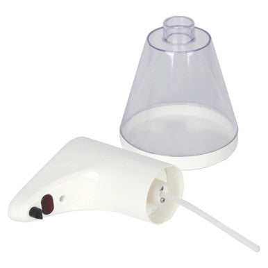 Janitorial Auto Desktop Gel/Soap Dispenser 500ml JA0502DG, Clear Plastic Automatic Soap Dispenser with a White Base, Touchless Operation, and a Frosted Cone-Shaped Soap Reservoir.