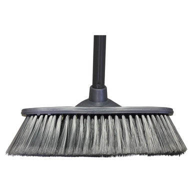 Janitorial Soft Broom (300 mm) JA0101, Image of a Soft Bristled Cleaning Broom with a Black Handle and Grey Base for Sweeping Floors.