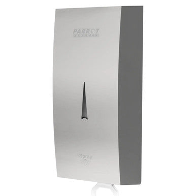 Janitorial Stainless Steel Gel/Soap Auto Wall Mounted Dispenser 1000ml JA0503AG, Sleek Silver Soap Dispenser with a Vertical Dispensing Spout and a Spray Icon, Designed for Hygienic and Convenient Hand Cleaning in Commercial Spaces.