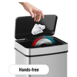 Janitorial Touchless Bin 50L, Modern 50-litre Automatic Trash Can with Touchless Operation Shown with a Hand Disposing Trash, Highlighting Its Hands-Free Functionality.