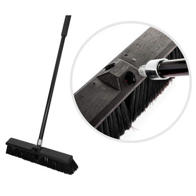 Janitorial Yard Broom Hard Bristle 450 mm, Durable Black Bristle Yard Broom with Adjustable Handle and Sturdy Wooden Base for Outdoor Sweeping.