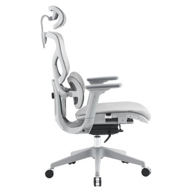 Jankz Body Balance High-back Office Chair, Modern Ergonomic Work Chair with Adjustable Armrests, Mesh Backrest, Cushioned Seat, and Five-Star Wheeled Base in White and Grey Colour.