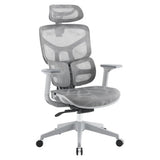 Jankz Body Balance High-back Office Chair, Modern Ergonomic Office Chair with Adjustable Headrest, Mesh Backrest, Cushioned Seat, and Armrests, on a White Base with Caster Wheels.
