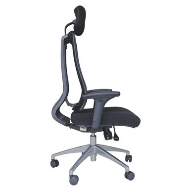 Jankz Human Ergo High-back Office Chair, Ergonomic Office Chair with a High-back, Adjustable Headrest, Black Fabric Upholstery, and a Silver Base with Wheels.