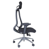 Jankz Human Ergo High-back Office Chair, Ergonomic Office Chair with a High-back, Adjustable Headrest, Black Fabric Upholstery, and a Silver Base with Wheels.