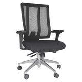 Jankz Human Ergo Medium-back Office Chair, Black Mesh Ergonomic Office Chair with Adjustable Armrests and a Cushioned Seat on a Silver Five-Star Wheeled Base.