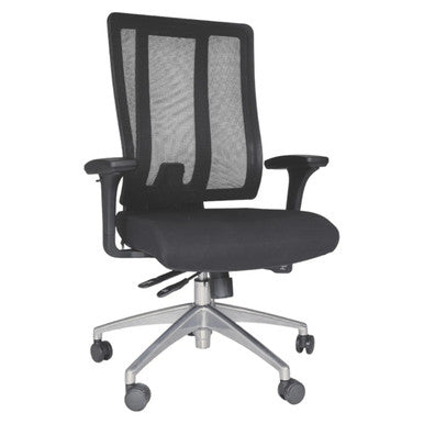 Jankz Human Ergo Medium-back Office Chair, Black Mesh Ergonomic Office Chair with Adjustable Armrests and a Cushioned Seat on a Silver Five-Star Wheeled Base.