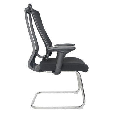 Jankz Human Ergo Visitor Office Chair, Ergonomic Black Office Chair with Adjustable Armrests and a Mesh Backrest on a Chrome Sled Base.