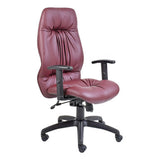 Jasmin High-back Office Chair by Office Stock South Africa, Featuring a Maroon Leather Seat and Backrest, Black Adjustable Armrests, and a Sturdy Five-Legged Base with Wheels, Showcasing a High-back Office Chair Design.