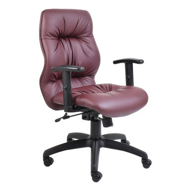 Jasmin Medium-back Office Chair by Office Stock South Africa, Featuring Rich Maroon Leather Upholstery, Sturdy Black Frame, and Adjustable Armrests, Exemplifying Stylish Office Seating with Ergonomic Design and Comfort, Ideal for Home Offices and Corporate Settings.