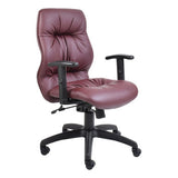 Jasmin Medium-back Office Chair by Office Stock South Africa, Featuring Rich Maroon Leather Upholstery, Sturdy Black Frame, and Adjustable Armrests, Exemplifying Stylish Office Seating with Ergonomic Design and Comfort, Ideal for Home Offices and Corporate Settings.