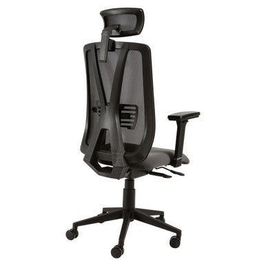 Kite Mesh High-back Office Chair Sac-HCH-Kit, a Black Ergonomic Office Chair with a Mesh Backrest, Adjustable Headrest, Armrests, and a Swivel Base with Wheels.