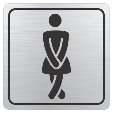Ladies Toilet Symbol Sign on Brushed Aluminium ACP, Black Printed, 150 x 150 mm, Elegant Toilet Symbol, Featuring a Female Figure in a Dress, from Brand 67, with Rounded Edges and Double-sided Tape for Easy Mounting.