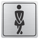 Ladies Toilet Symbol Sign on Brushed Aluminium ACP, Black Printed, 150 x 150 mm, Elegant Toilet Symbol, Featuring a Female Figure in a Dress, from Brand 67, with Rounded Edges and Double-sided Tape for Easy Mounting.