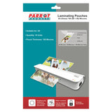 Laminating Pouches, A4 Gloss Pack with 160 Micron Thickness, Shown in Packaging with Images of Laminated Documents and Details About Its Specifications.