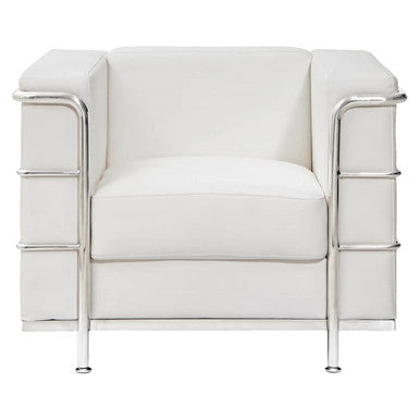 Le Cube Le Corbusier Sofa, Modern White Sofa with Sleek Chrome Frame and Armrests.