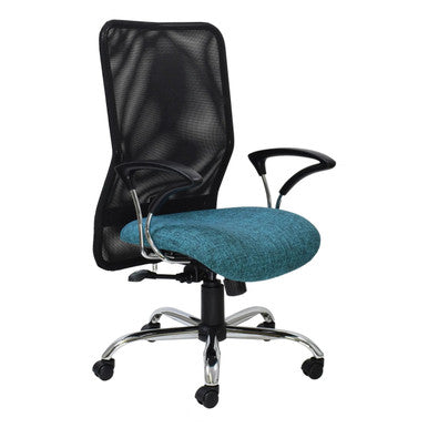 Black and Teal Office Chair with High-back, Ergonomic Design, and Adjustable Features, on a Five-Star Silver Base with Wheels, from Brand 67, Showcasing Comfort and Support for Workspace Environments.