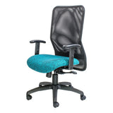 Black leather office chair with teal mesh seat, adjustable height chair with ergonomic design, featuring a high back and armrests, on a five-legged base with wheels, from Office Stock South Africa's 67 brand, Lisa Mesh High-Back model.