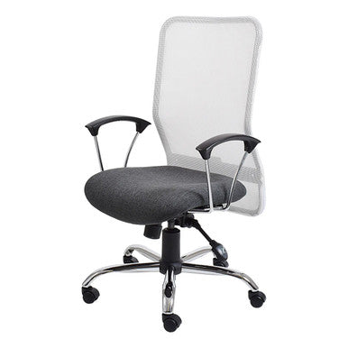 Grey Lisa Mesh High-back Office Chair by Office Stock South Africa, Featuring a Mesh Back and Adjustable Height Mechanism, with Black Armrests and a Sturdy Five-Legged Base, Presented on a White Background as an Adjustable Height Chair.