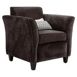 London Single Occasional Chair in Dark Brown Velvet Upholstery with a Plaid Throw Pillow, Offered by Office Stock, Featuring a Sturdy Design and Comfortable Seating, Perfect for Reception Areas and Hospitality Spaces.