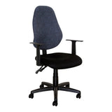 Lucea 1500 Typist Office Chair by Office Stock South Africa, Featuring a Blue Fabric Backrest, Black Seat and Armrests, and Five-Star Base with Wheels, Exemplifying Stylish Office Seating with Ergonomic Design and Comfort.