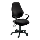 Lucea 1500 Typist Office Chair by Office Stock South Africa, a Black Ergonomic Lumbar Support Chair with Adjustable Armrests and a Contoured Backrest, on a Five-Star Base with Wheels, Promoting Healthy Posture and Comfort.