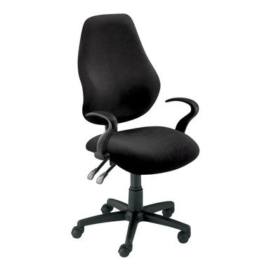 Lucea 1500 Typist Office Chair by Office Stock South Africa, a Black Ergonomic Lumbar Support Chair with Adjustable Armrests and a Contoured Backrest, on a Five-Star Base with Wheels, Promoting Healthy Posture and Comfort.