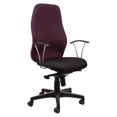 Lucea 3000 Typist Office Chair by Office Stock South Africa, a High-back Chair with Burgundy and Black Ergonomic Design, Featuring a Cushioned Seat and Adjustable Armrests on a Sturdy Black Base with Five Wheels.