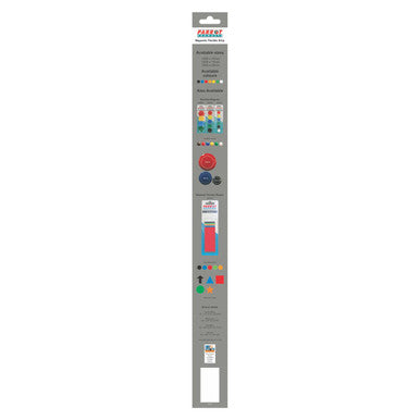 Magnetic Flexible Strip (1000 x 15 mm - Blue) BA1115S, Image of a Long Grey Strip with Magnetic Strips and Colourful Shapes for Educational or Craft Purposes.