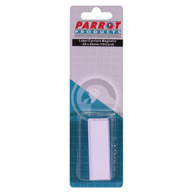 Magnetic Label Carriers (20 x 60 mm - 10 Pack), Product Package with a Clear Plastic Container Holding Ten White Magnetic Label Carriers for Organising Items.