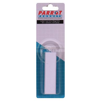 Magnetic Label Carriers (20 x 80 mm - 10 Pack) BA1131, Product Image Showing a Pack of Ten White Magnetic Label Carriers in Transparent Plastic Packaging with Branding and Specifications on the Label.