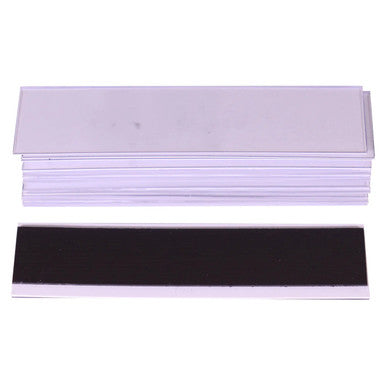 Magnetic Label Carriers (20 x 80 mm - 10 Pack), Product Image Shows a Set of Magnetic Label Carriers with White Plastic Frames and a Black Magnetic Strip, Designed for Organising and Labeling Storage or Inventory.