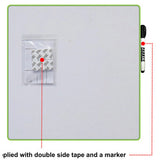 Magnetic Whiteboard Tile (355 x 355 mm - Green), Image Showing the Whiteboard with a Marker Attached on the Right Side and a 3M Adhesive Pad in the Packaging on the Left Side.