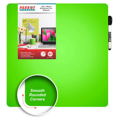 Magnetic Whiteboard Tile, Green 355 x 355 mm with Smooth Rounded Corners and a White Writing Surface, Ideal for Home and Office Use.