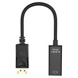 Male DisplayPort to HDMI Female Adapter, Compact Black Video Converter with a Cable Connecting DisplayPort and HDMI Interfaces.