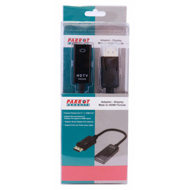 Male DisplayPort to HDMI Female Adapter, Black Compact Device with Support for DisplayPort 1.1 and HDMI 2.0, Included with a USB to HDMI Conversion Cable, Packaged in a Clear Plastic Box with Product Details.